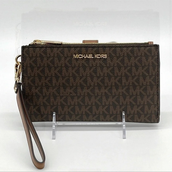 Michael Kors Large Double Zip Wallet Wristlet Brown/Gold - Picture 2 of 9